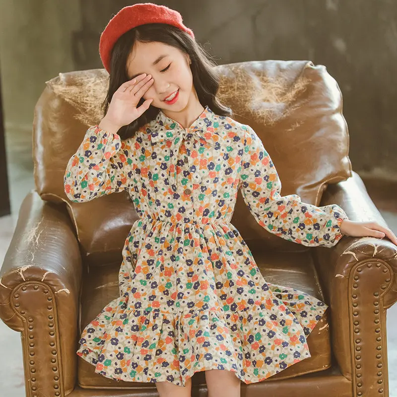 Детское платье с цветочным рисунком для девочек 4 лет, одежда с длинными рукавами платья для малышек вечерние платья принцессы с цветочным рисунком для танцев, галстук-бабочка воротник, платье