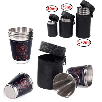 

Portable Tableware Travel Cups Outdoor Camping Cup Wine Beer Whiskey Mug 304 Stainless Steel With Black Leather Cover Cookware