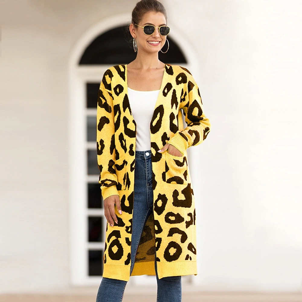 Женские кардиганы с леопардовым принтом с длинными рукавами, Осень-зима, модный вязаный длинный свитер, пальто, повседневный большой длинный кардиган, трикотажные изделия