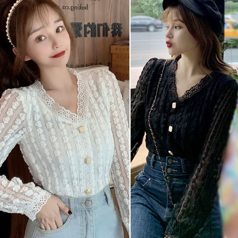 Autumn Korean Style  Wild V-Neck Lace Hollow Short