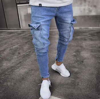 

2020 Stretch Spring and Summer Men's Jeans Street Fashion Trend Knee Zipper Large Pocket Small Feet Trousers