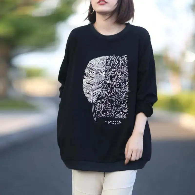 

2019 New Casual Floral Print Letter Autumn Cotton Long Women T-shirt Fashion O-neck Pockets Long Sleeve Women T-shirts
