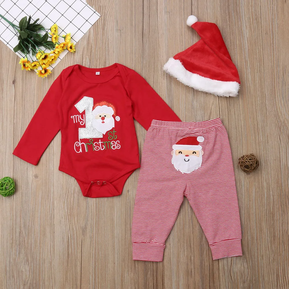 Комплект одежды из 3 предметов с надписью «My 1st Christmas» для маленьких мальчиков и девочек 0-18 месяцев; комбинезон+ штаны; шапка; одежда