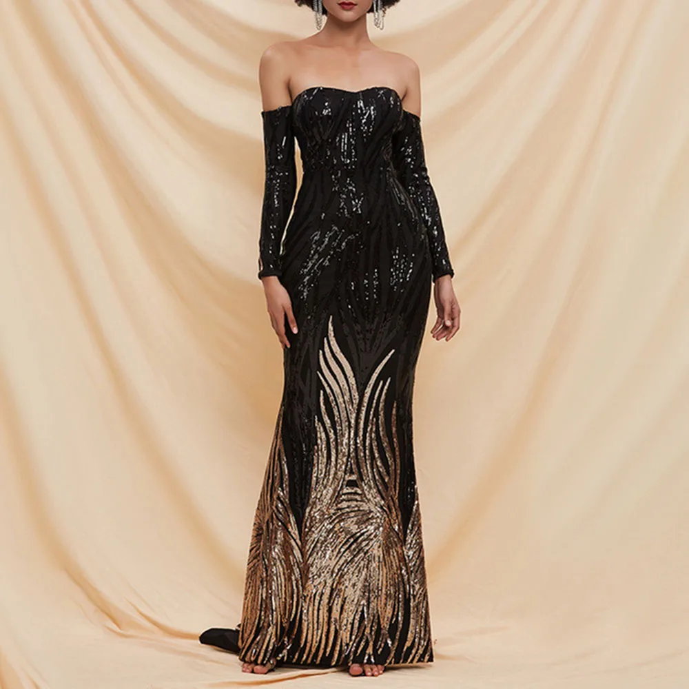 

Black Golden Sequines Prom Party Dress Off Shoulder Long Sleeve Floor-Length Evening Gown African Women Elegant Wedding Robe
