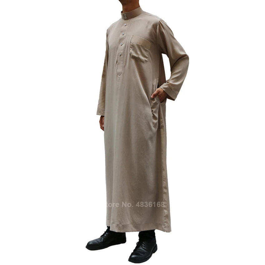 Muslim Robe Islamic Clothing Thobe Jubba Midde East Arab Kaftan Ramadan Prayer Button Solid Color Men Male Workship Service