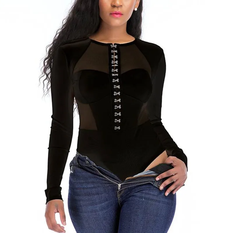 Bodysuit for women big size long sleeve bodysuit black lace wind button mature transparent woman body top bodysuit mujer RW80753 Bodysuit for women big size long sleeve bodysuit black lace wind button mature transparent woman body top bodysuit mujer RW80753