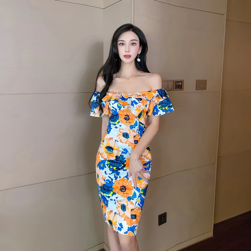 

Sexy Office Dress Sets Leaky Shoulder Midi Dress Autumn 2021 Prestigious Evening Dresses Printed Women's Summer Dresses Woman
