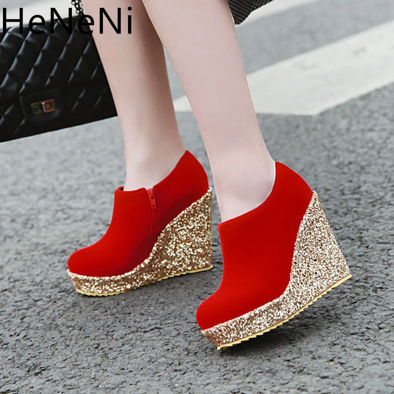 

2019 New Autumn winter Ankle Boots Women short Boots Wedges Bling super high heels 10.5cm ladies shoes Size 34-43 botas mujer