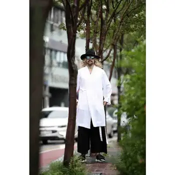 

Men's new V-neck lace up loose long fashion cardigan coat spring and autumn thin windbreaker top long sleeve personality