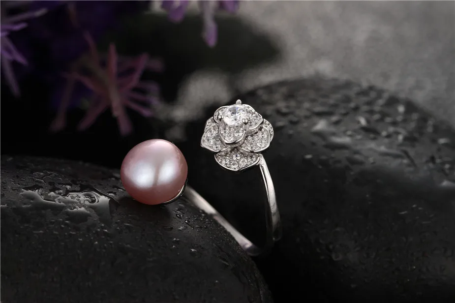 Dainashi Elegant AAAA Freshwater Cultured Pearl Ring 925 Sterling Silver Flower Crystal Zircon Open Adjustable Ring for Women