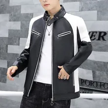 Мужская кожаная куртка Локомотив ветер тонкий тела воротник карман PU куртка осень зима длинный рукав черный белый цвет размер M-4XL