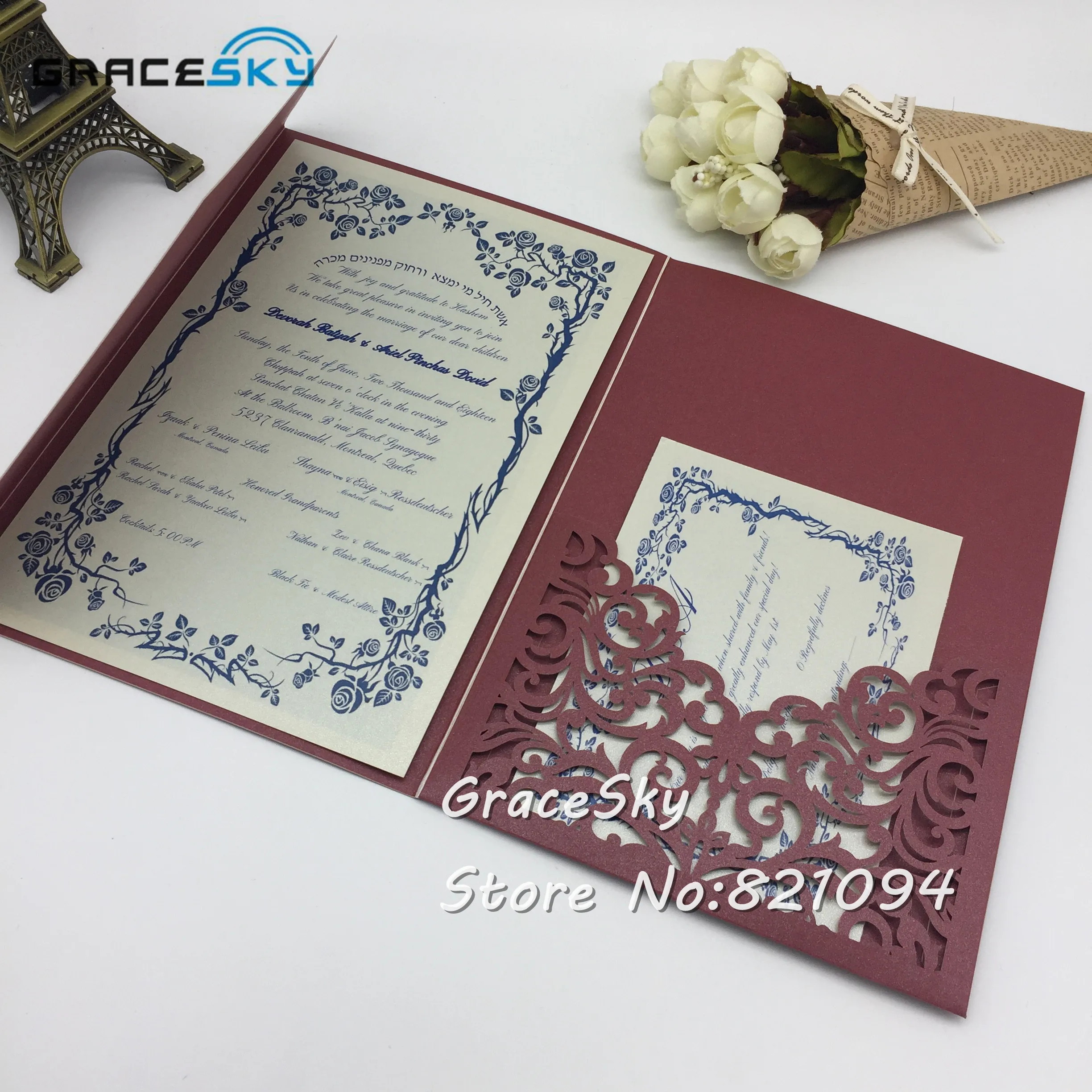 

50pcs/lot Laser Cut Pure color Lace Pocket Wedding Invitations Card Personalized pocket cards with RSVP Cards Wedding Supplies