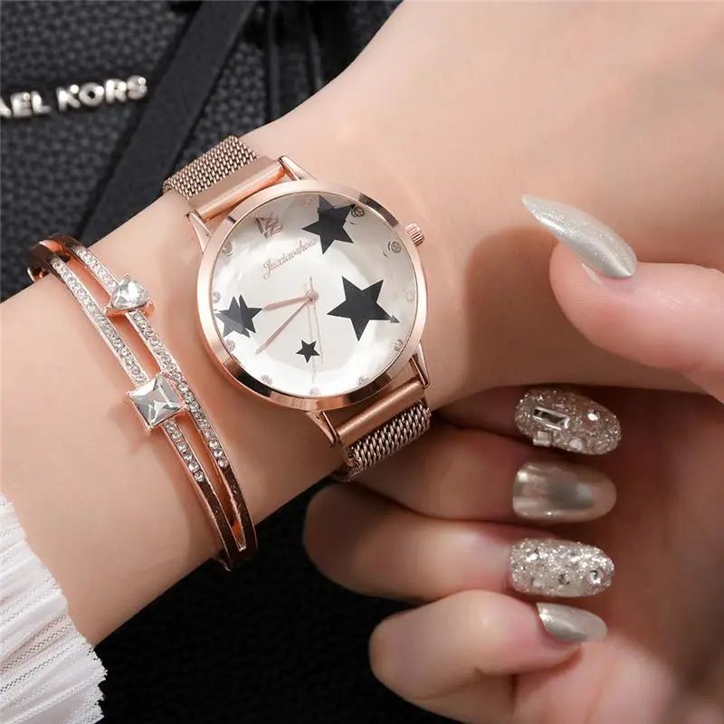

Fashion Luxury Women Stainless Steel Magnetic Quartz Watch Pentagram Drawing Design Ladies Bracelet Watches Popular Female Clock