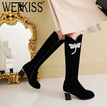 

WETKISS Sexy Crystal Women Knee High Boot Round Toe Thick High Heel Shoes Butterfly Decor Fashion Female Boot Non Slip Long Boot
