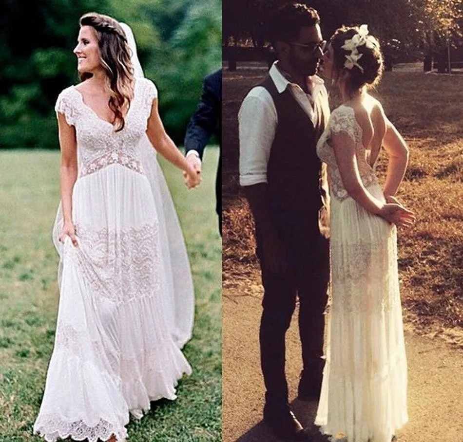 Богемное/Бохо пляжное свадебное платье кружевное хиппи кантри сад v-образный