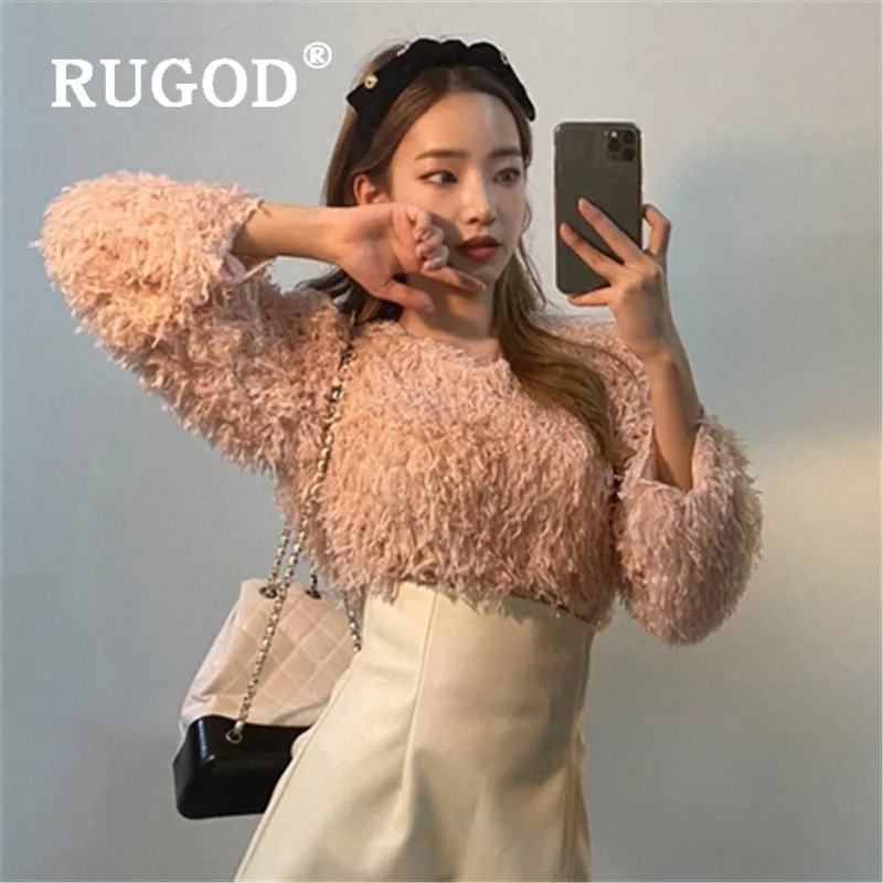 RUGOD пушистые милые топы для женщин Kawaii однотонный элегантный топ Женская Корейская одежда рубашка с длинным рукавом Женская Simplee