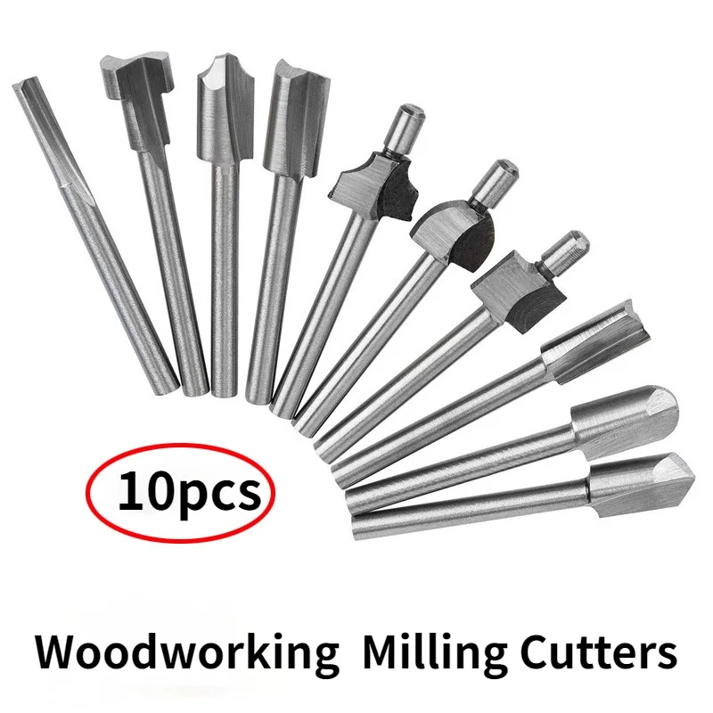 10pc Woodworking Trimming Cutter / High Speed Steel Titanium Plated Round Handle Rotary Grinding Groove Milling Tool