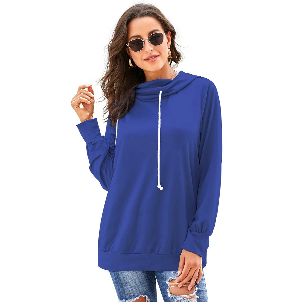 Spring Autumn New Hooded Women's European American Solid Color Long Sleeve Loose Pullover Women's Top with Drawcord