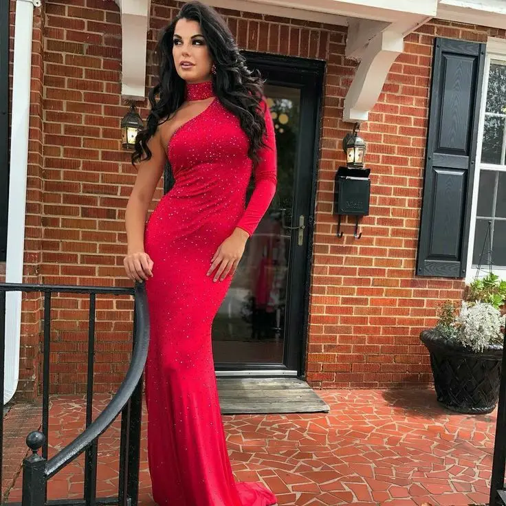 

Elegant Long Red One Shoulder Beaded Evening Dresses Satin Mermaid Floor Length Zipper Back Formal Party Dress for Women