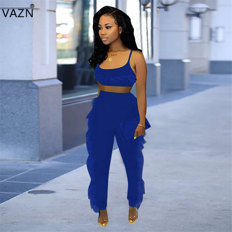 

VAZN MZ8224 Women Age Reduction Sexy Style Solid Strapless Top Hollow out Long Pants Open Tracksuits Slim Women 2 Piece Set