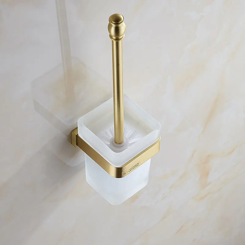 COOANHO Wall-Mounted Toilet Brush Bracket Brass Bathroom Toilet Brush Set Bracket Frosted Glass Gold