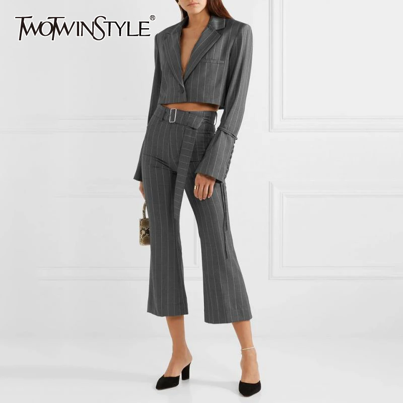 

TWOTWINSTYLE Striped Women's Suit Flare Sleeve Lace Up Short Blazer High Waist Sashes Flares Pants Two Piece Set Female 2019