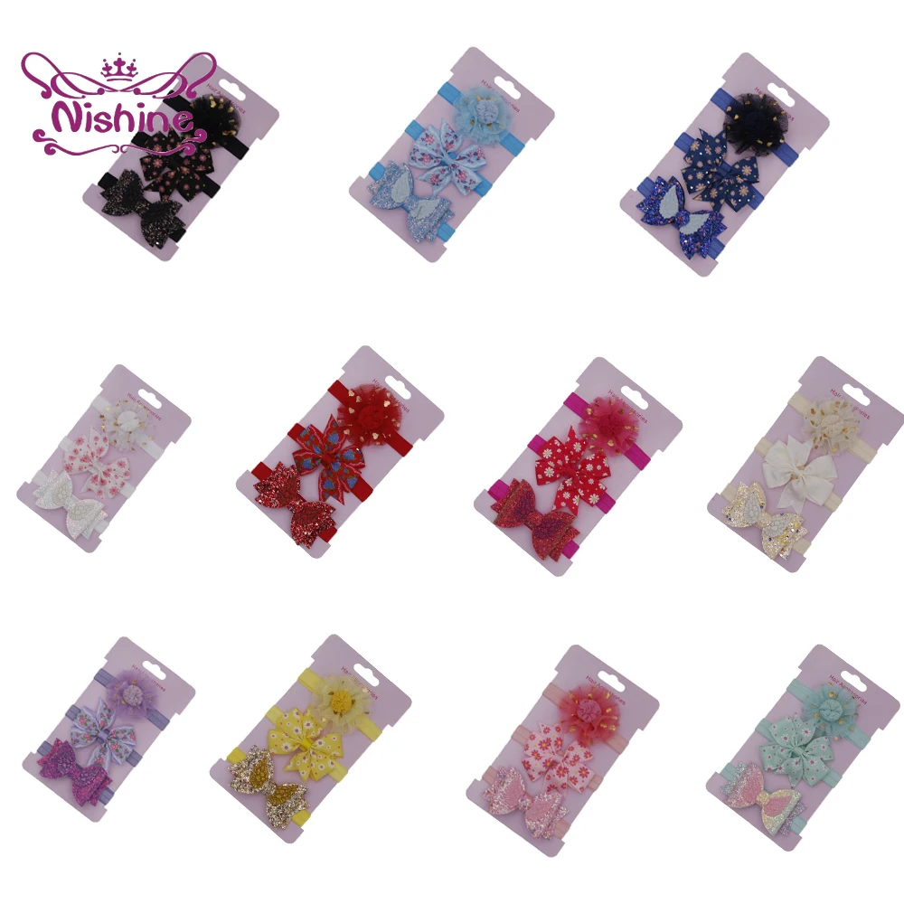 

Детская повязка на голову Nishine 3 шт./лот, с блестками, бантом, розовым шифоновым цветком, реквизит для фотографирования маленьких девочек, детские головные уборы, комплекты подарков