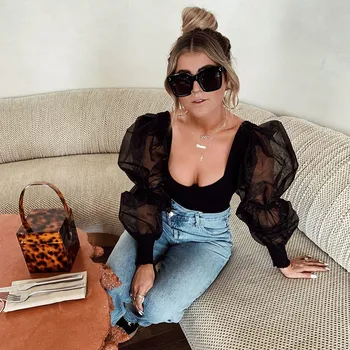 

Women Long Puff Sleeve Bandage Bodysuit Leotard Jumpsuit Rompers Mesh See Through Sleeve Patchwork Low Cut Bodysuit Clubwear New