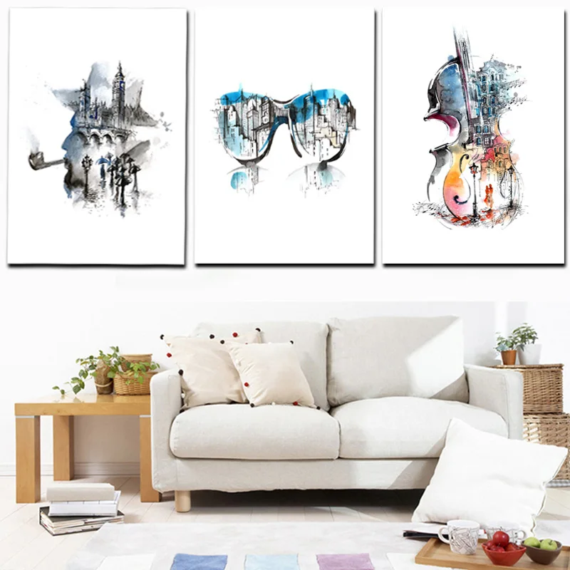 Triptych Print Abstract Watercolor Holmes Glasses Violin Canvas Painting Minimalist Poster Wall Picture For Living Room Decor