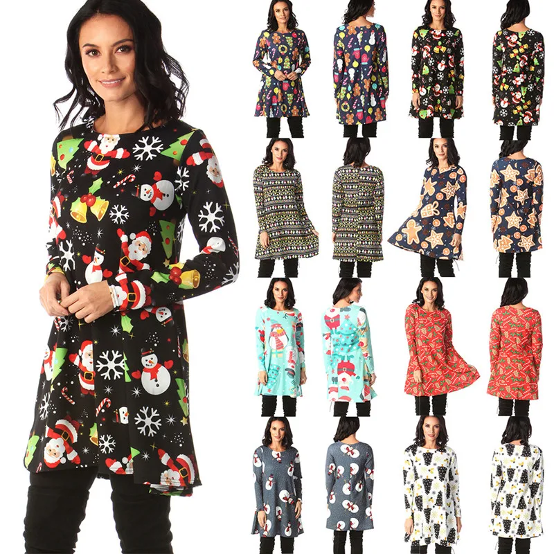

LOSSKY Plus Size Print Women Mini Dress Autumn Elegant Christmas Dress Women 2019 Casual Loose Short Party Dresses Vestidos