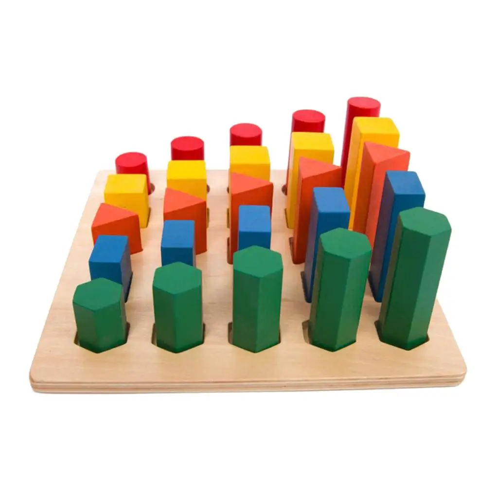 Montessori Materials Shape Sorter Toy for Toddlers Preschool Kids, Wooden Colored Geometric Pillars Ladder Blocks