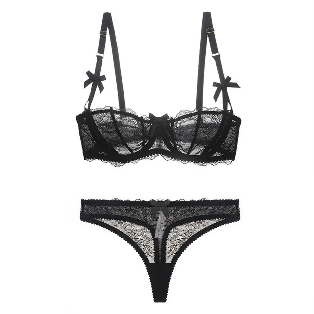 

Women Lingerie Set Sexy Transparent Bra and Panty See Through Bra Ultra Thin 1/2 Cup Female Underwear Thong Black White Pink Hot