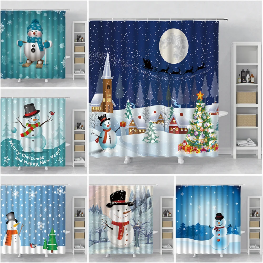 

Cute Cartoon Blue Snowman Christmas Shower Curtain White Snowflake Xmas Decor Bathroom Polyester Bath Curtain Home Bathtub Decor