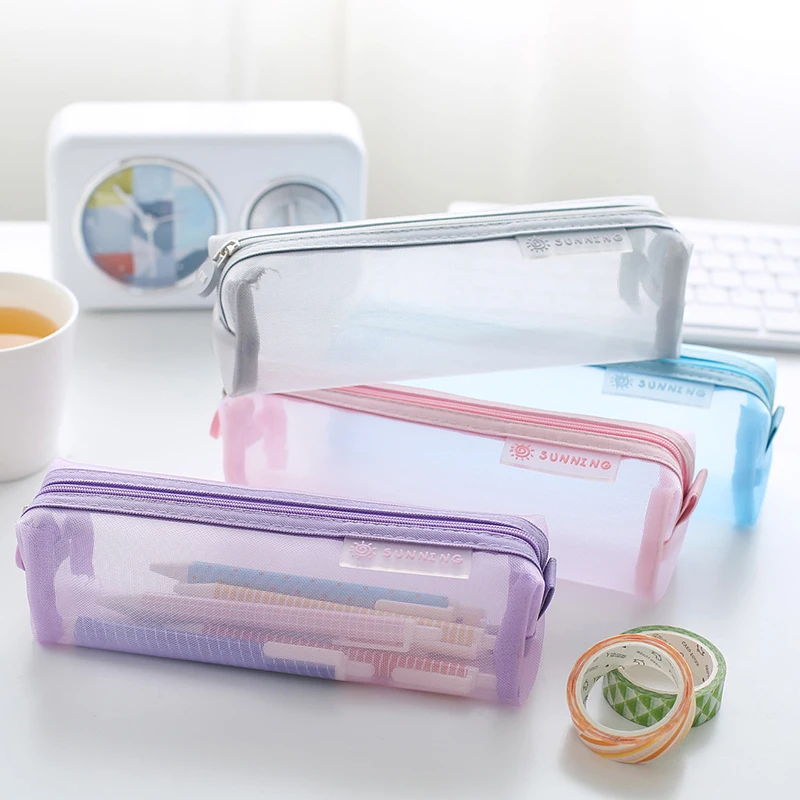 

Macaron Colored Mesh Pencil Case Zipper Square Cute Pencil Box for Kids Transparent Pencilcase Muji Style Trousse Scolaire