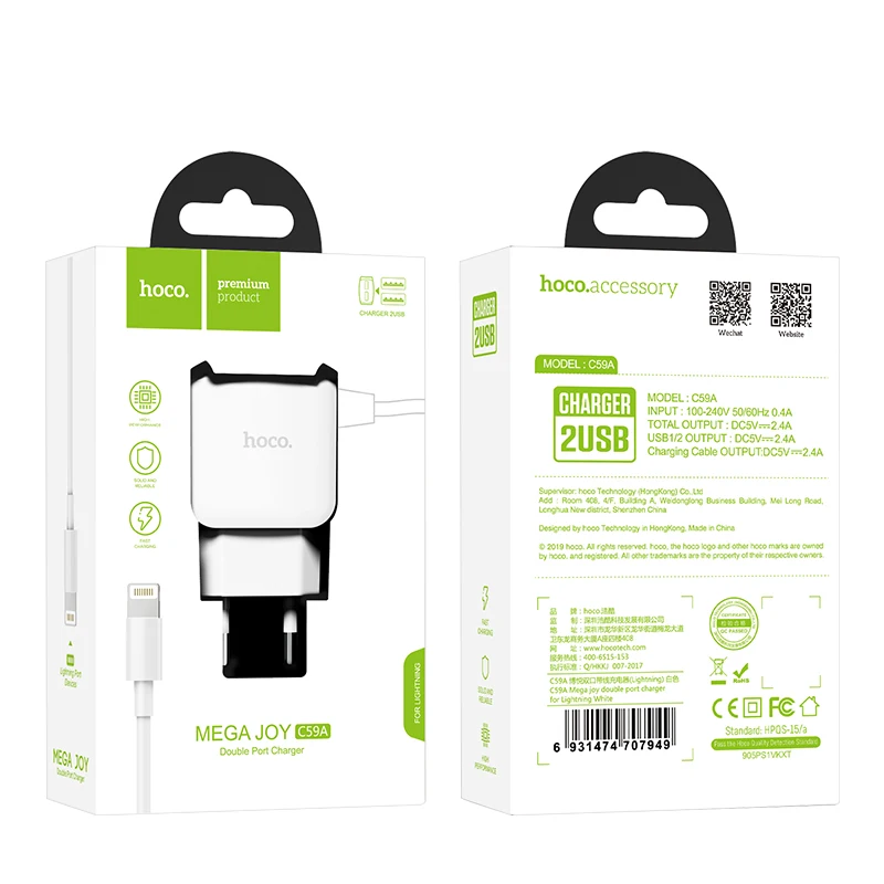 HOCO C59A 20 шт./лот 5 в 2.1A USB зарядное устройство для iPhone 11 Xs Max ЕС вилка настенное зарядное устройство адаптер для samsung Xiaomi huawei