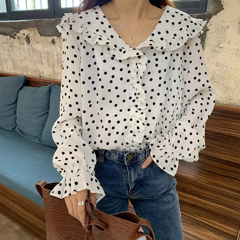 

HziriP New Design Stylish Sweet Polka Dots Ruffles Chiffon Cute Chic Women Peter Pan Collar Streetwear Loose All Match Shirts