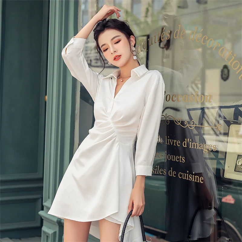 GOOHOJIO New 2020 Women Summer Shirt Dresses Casual High Waist Three Quarter Irregular Pleated Zipper Lady White Dress Size S-XL | Женская