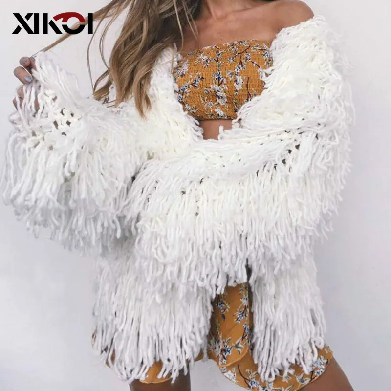 

XIKOI Tunic White Faux Fur Coat Women Shaggy Knitting Cardigans Jacket Autumn Winter Hairy Blue Fur Coat Veste Fourrure Femme