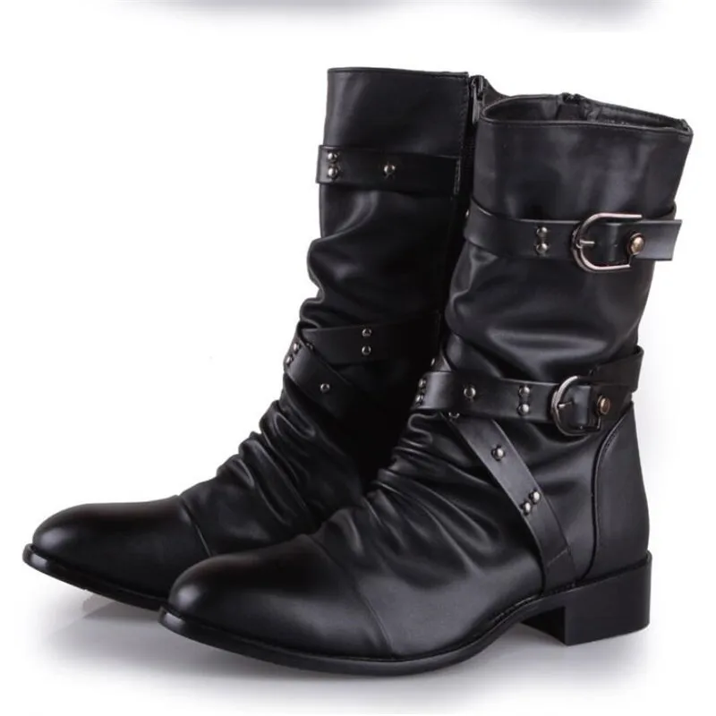 

Men shoes Fashion winter black Outdoor Motorcycle Rivet Men Boots Pointed tube Martin boots A257