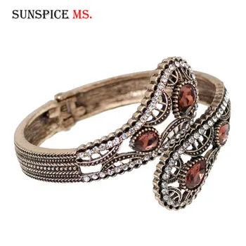 

SUNSPICE-MS Champagne Crystal Women Vintage Cuff Bracelet Turkish Retro Gold Color Metal Spring Bracelet Ethnic Wedding Jewelry