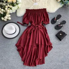 Woherb, vestido informal De verano De gasa con hombros descubiertos, vestido De mujer 2020, Vestidos sexis con volantes asimétricos, Vestidos De fiesta 22291