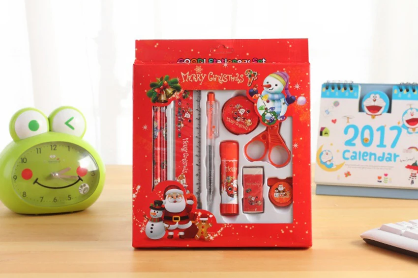 9pcs Pencil Ruler Eraser Sharpener Scissor Stationery Gifts Christmas Set V4J2 