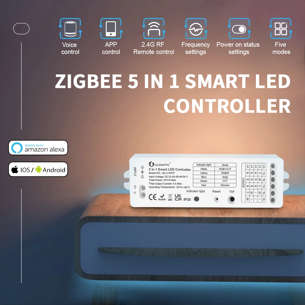Контроллер Zigbee 5 в 1 светорегулятор для светодиодных лент RGB/ CCT совместим с