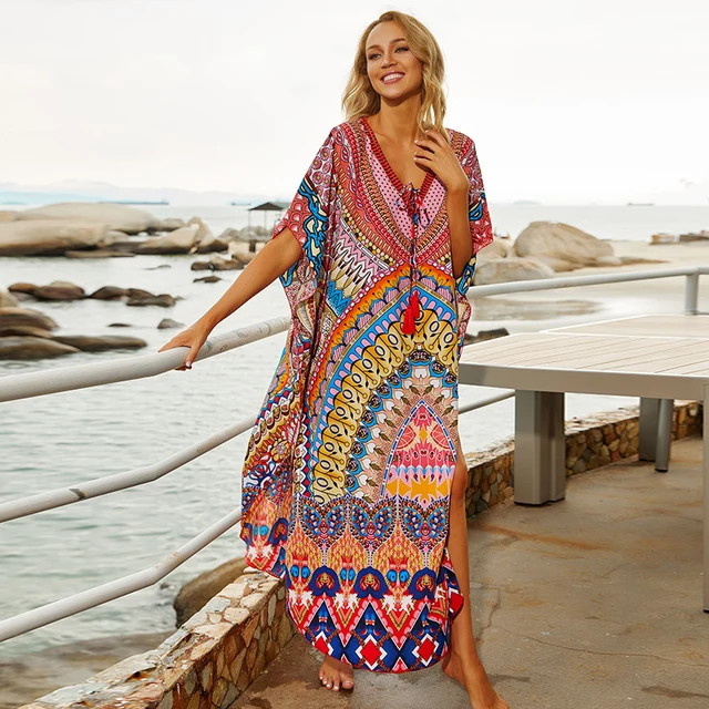 2021 Quick-drying Bohemian Printed Loose Summer Beach Dress Moroccan Kaftan Women Plus Size Beachwear Tassel Midi Dress Q897 1