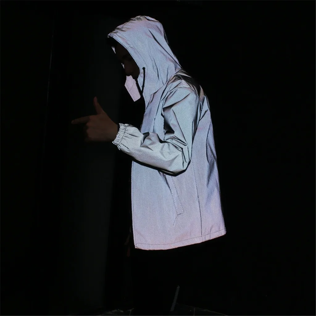 Модная Светоотражающая куртка для мужчин/женщин Harajuku ветровка куртки с капюшоном хип-хоп Уличная куртка Ночная блестящая куртка на молнии
