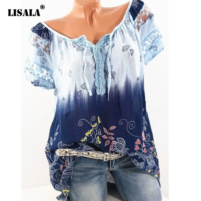 

LISALA Women Summer Printed Hollow Out V-neck Short Sleeve Tshirt Casual Loose Tee Plus Size 3XL 4XL 5XL