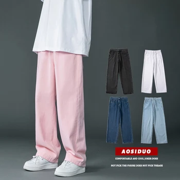 2022 wiosna nowe męskie koreańskie mody różowe dżinsy Streetwear Hip Hop workowate spodnie jeansowe biała prosta szeroka noga spodnie męskie marki tanie i dobre opinie BLEASENDY CN (pochodzenie) na zamek błyskawiczny Cztery pory roku Daily NONE Stałe Denim G35971221 Szerokie spodnie Medium