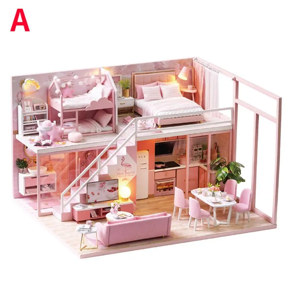 DIY Кукольный дом мебель миниатюрная 3D деревянная сборка чердак Miniaturas кукольный домик игрушки для детей подарки на день рождения с музыкой - Цвет: Pink