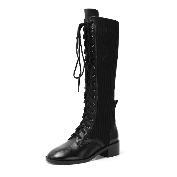 Black Boots SOPHITINA/Специальный дизайн; сапоги ручной работы из высококачественной натуральной кожи; удобные ботинки на квадратном каблуке с круглым носком; модная обувь на шнуровке; Новинка - Цвет: Black Boots