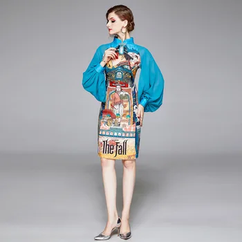

Big Lantern Sleeve Vintage Print Women Pencil Dress Chinese Style New Style Sheath Cheongsam Slim Ladies Dresses Womens Clothing